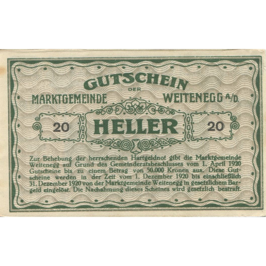 Banknote, Austria, Weitenegg 20 Heller, paysage 1920-12-31 UNC(63) Mehl:FS 1163b
