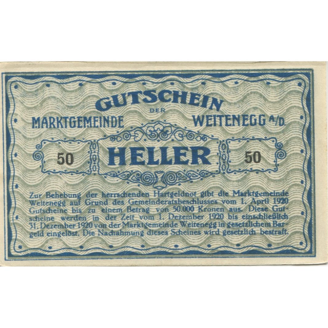 Banknote, Austria, Weitenegg 50 Heller, village 1920-12-31 UNC(63) Mehl:FS 1163b