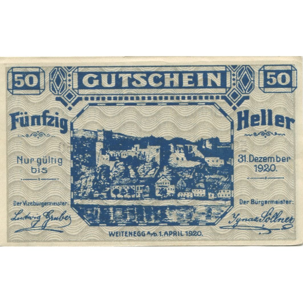 Banknote, Austria, Weitenegg 50 Heller, village 1920-12-31 UNC(63) Mehl:FS 1163b