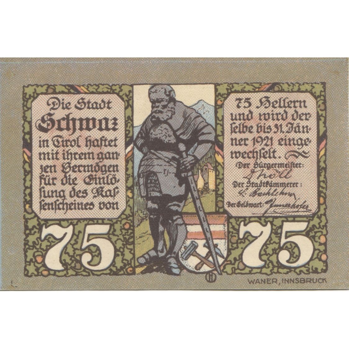 Banknote, Austria, Schwaz, 75 Heller, chevalier, 1920 UNC(63) Mehl:FS 983a