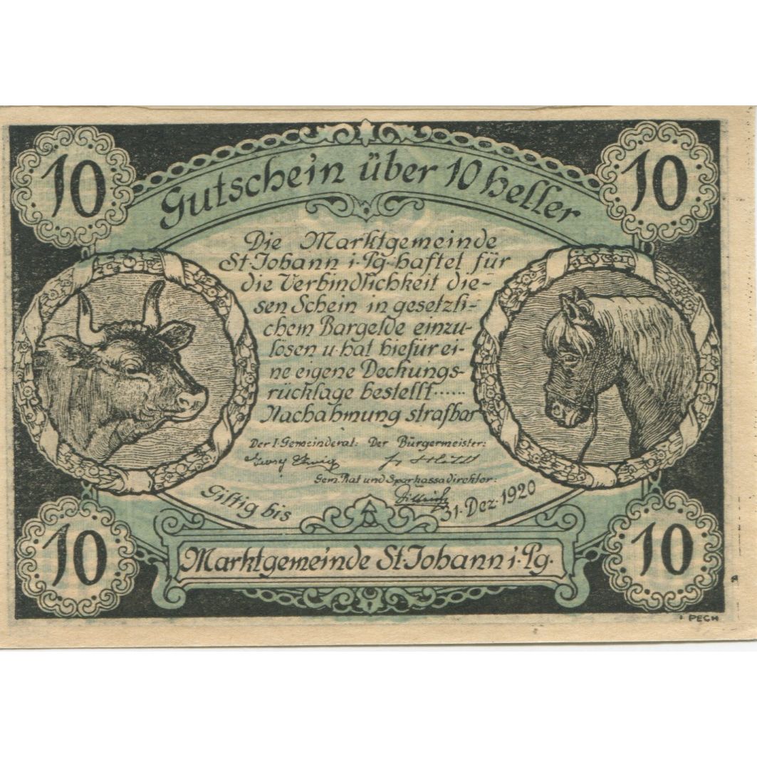 Banknote, Austria, St Johann, 10 Heller, cheval, 1920 UNC(63) Mehl:FS 895a