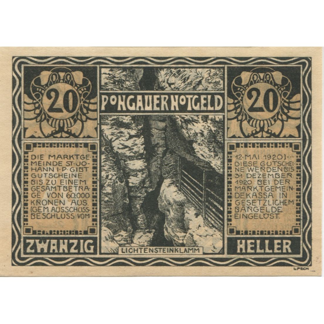 Banknote, Austria, St Johann, 20 Heller, Mine, 1920 UNC(63) Mehl:FS 895a