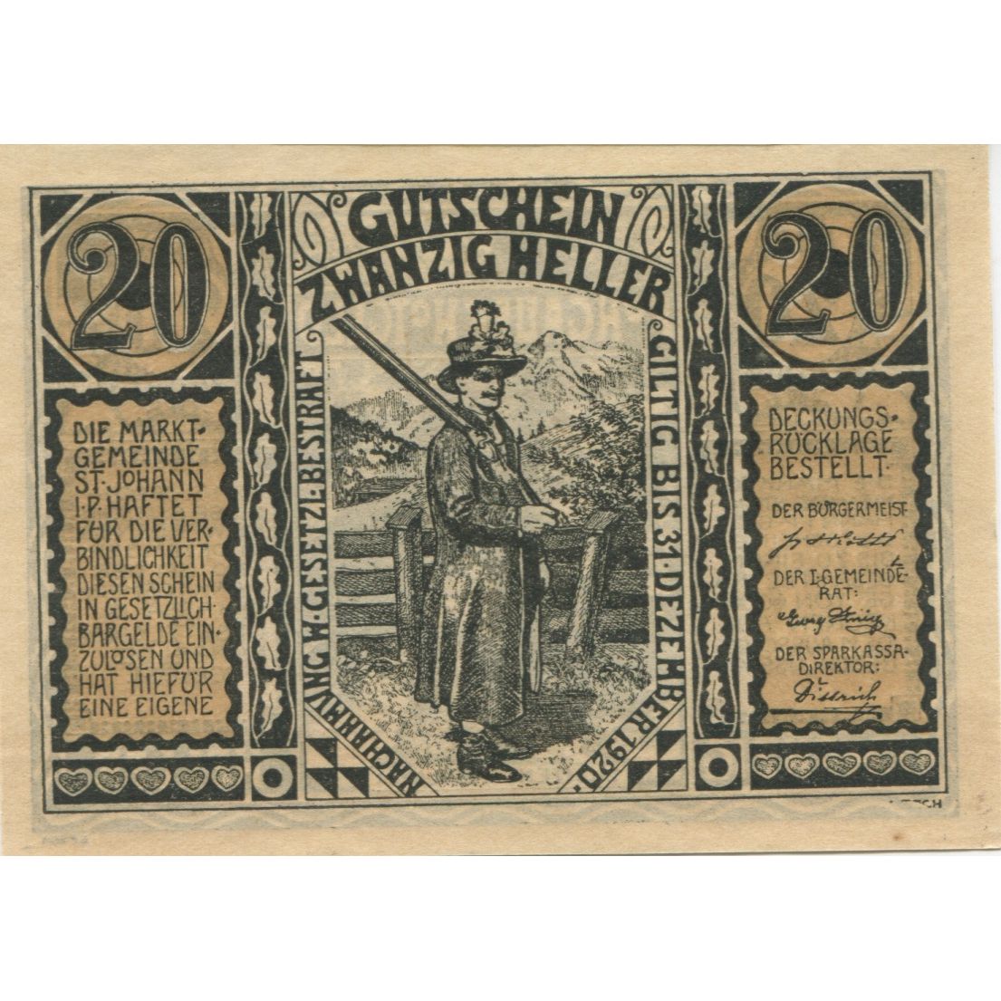 Banknote, Austria, St Johann, 20 Heller, Mine, 1920 UNC(63) Mehl:FS 895a
