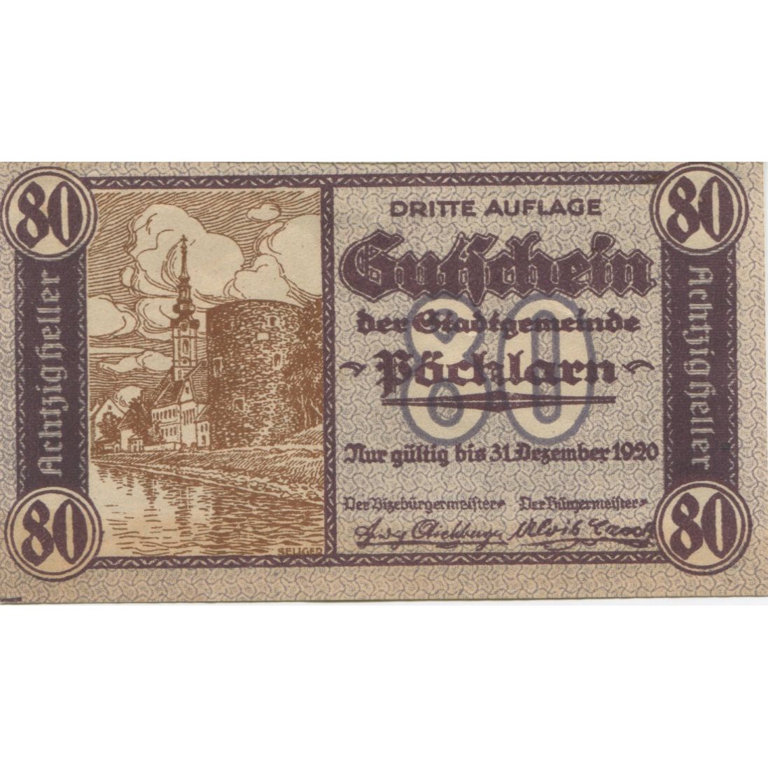 Banknote, Austria, Pochlarn, 80 Heller, château, 1920 UNC(63) Mehl:FS 755II