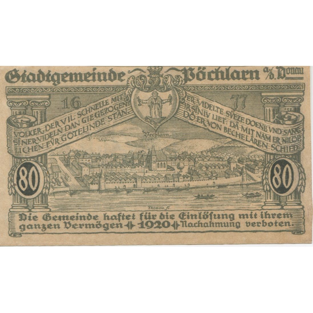 Banknote, Austria, Pochlarn, 80 Heller, château, 1920 UNC(63) Mehl:FS 755II