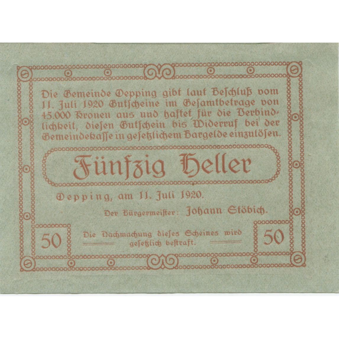 Banknote, Austria, öpping, 50 Heller, village, 1920, UNC(63), Mehl:FS 710Ia
