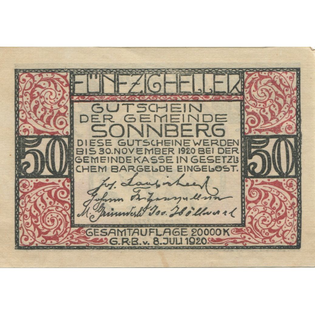 Banknote, Austria, Sonnberg, 50 Heller, luge 1920-11-30, UNC(63), Mehl:FS 1004a
