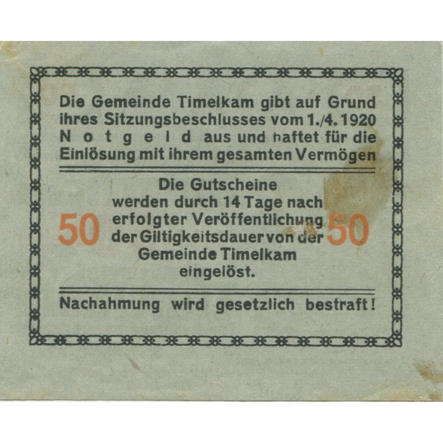 Banknote, Austria, Timelkam, 50 Heller, Blason, 1920, UNC(63), Mehl:FS 1072