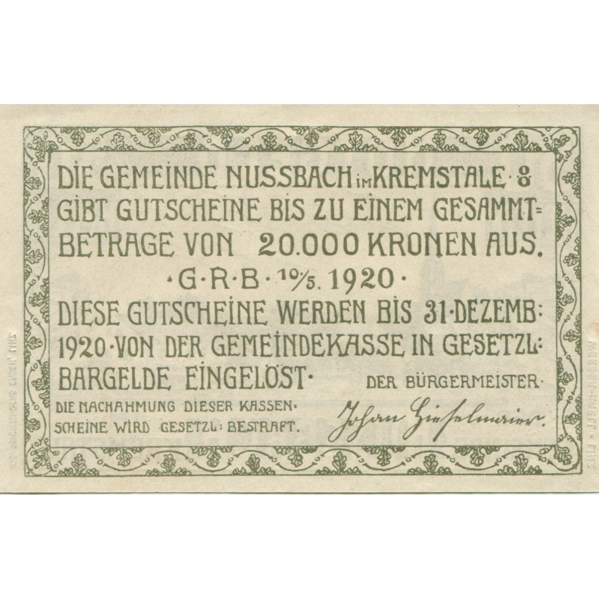 Banknote, Austria, Nussbach, 50 Heller, village, 1920, UNC(63) Mehl:FS 676