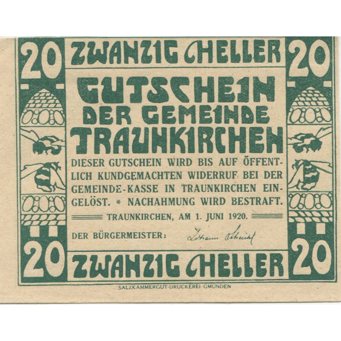 Biljet, Oostenrijk, Traunkirchen, 20 Heller, château, 1920, SPL, Mehl:FS 1081