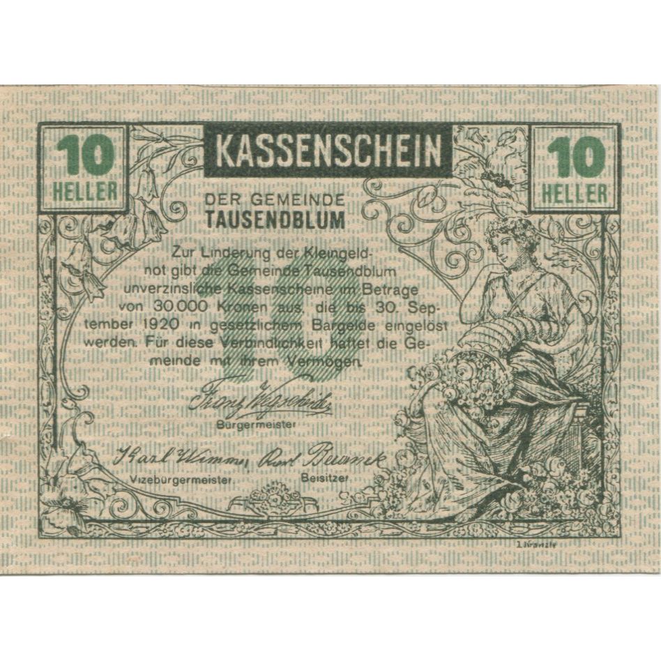 Banknote, Austria, Tausendblum, 10 Heller, champs, 1920 UNC(63) Mehl:FS 1060