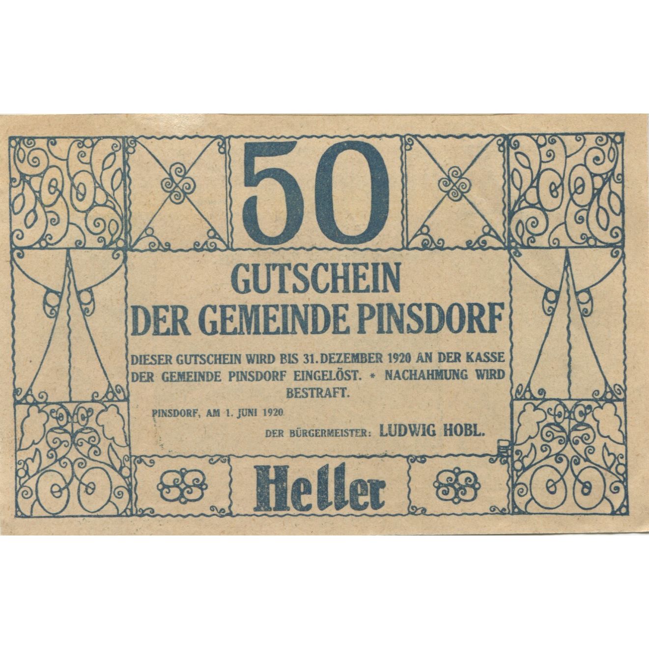 Banknote, Austria, Pinsdorf, 50 Heller, montagne, 1920 UNC(63) Mehl:FS 750