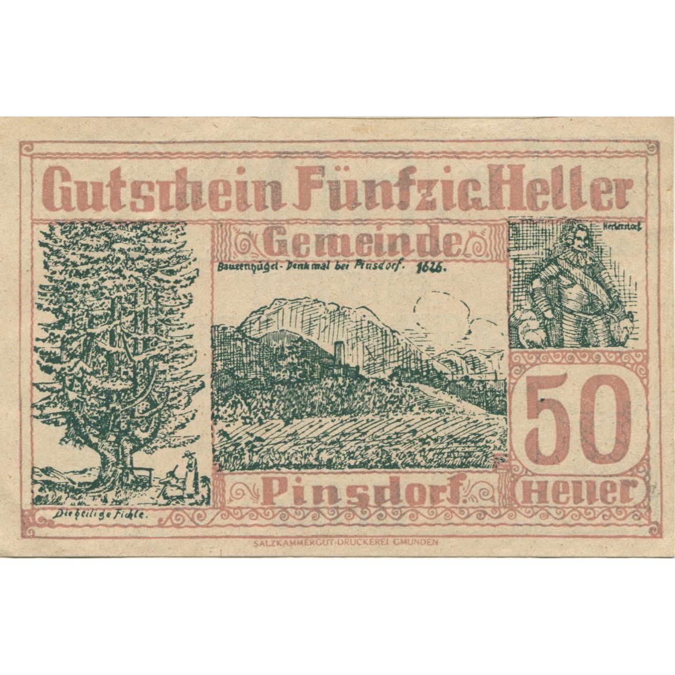 Banknote, Austria, Pinsdorf, 50 Heller, montagne, 1920 UNC(63) Mehl:FS 750