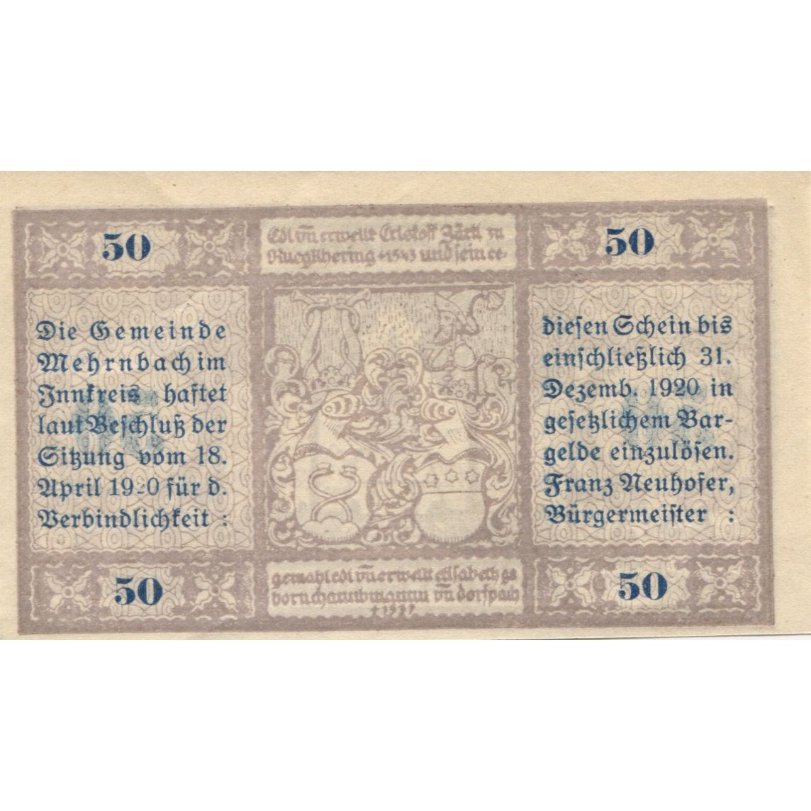 Banknote, Austria, Mehrnbach, 50 Heller, Monument, 1920 UNC(63) Mehl:FS 604.1