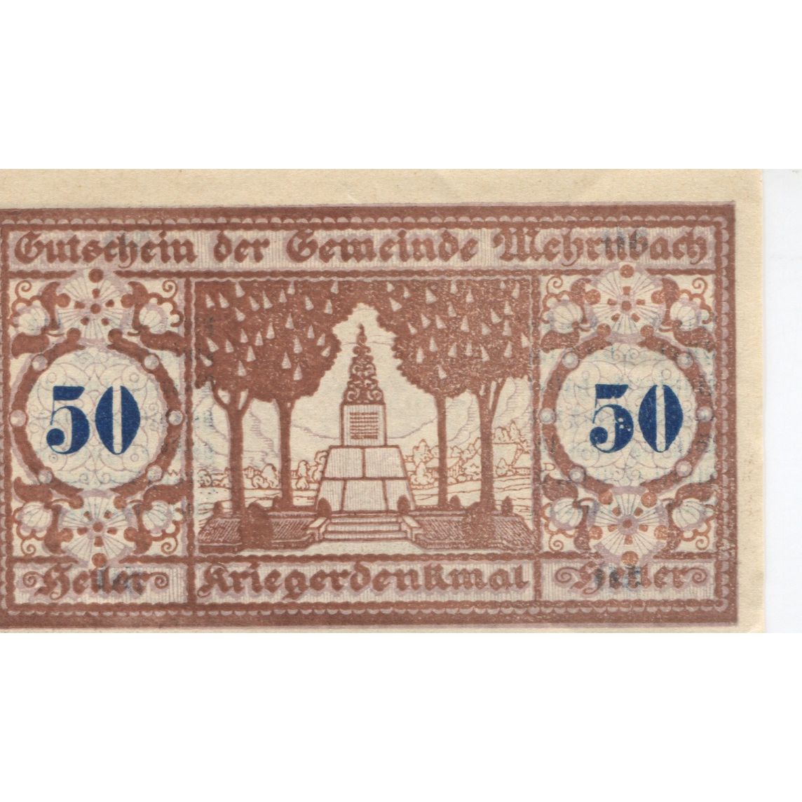 Banknote, Austria, Mehrnbach, 50 Heller, Monument, 1920 UNC(63) Mehl:FS 604.1