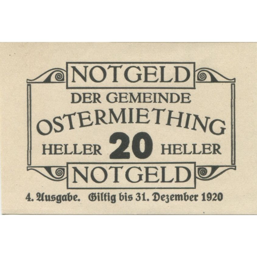Banknote, Austria, Ostermiething, 20 Heller, Texte, 1920 UNC(63) Mehl:FS 713