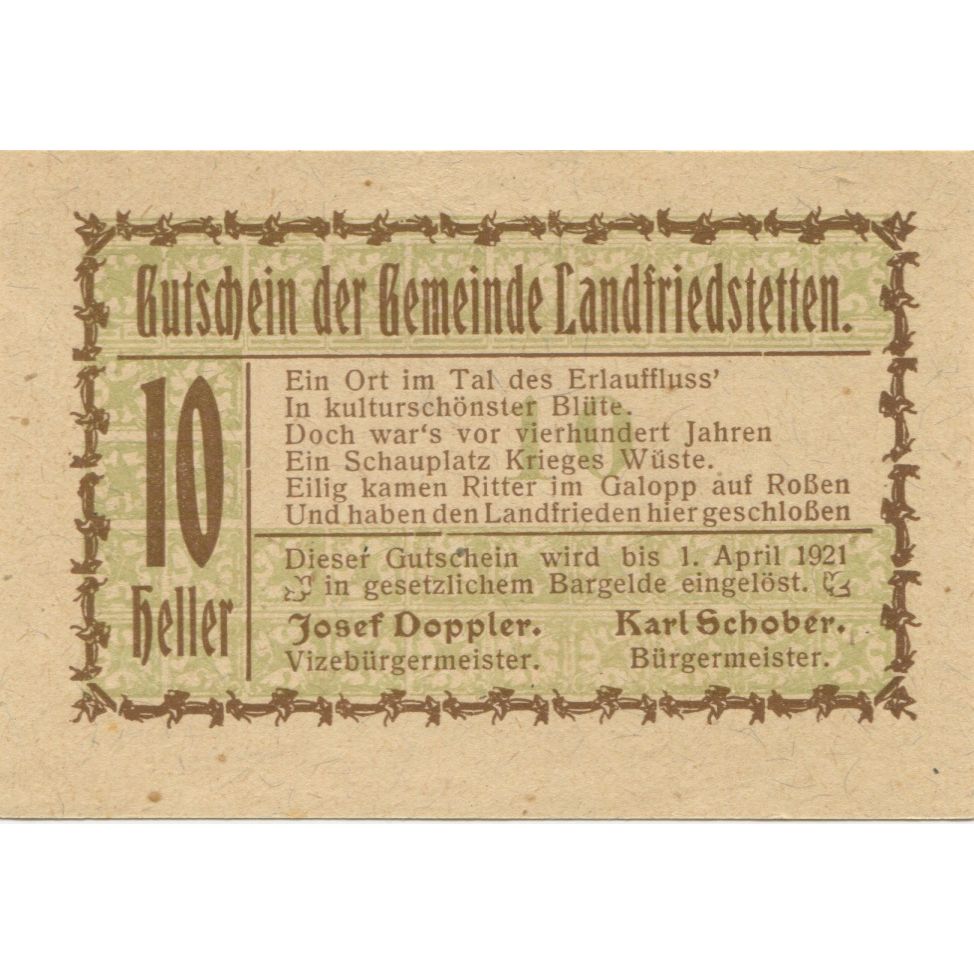 Banknote, Austria, Landfriedstetten 10 Heller, Texte, 1920 UNC(63) Mehl:FS 499Ib