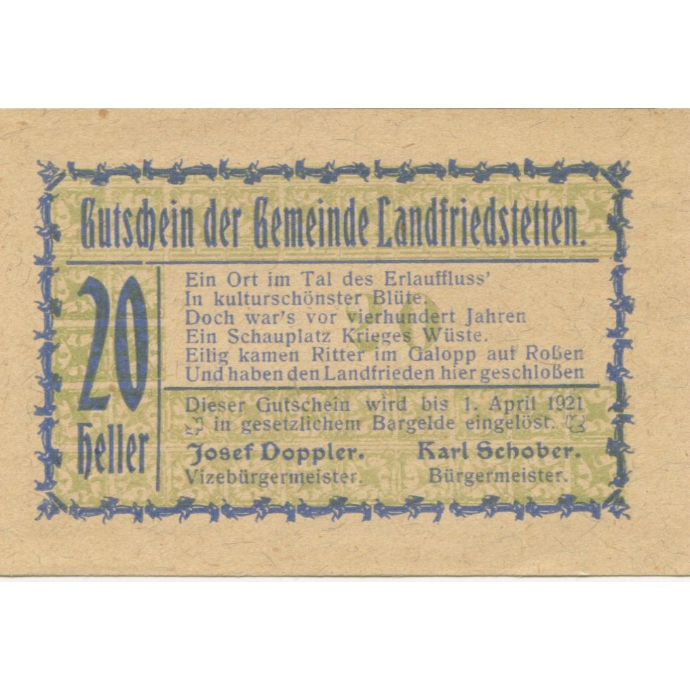 Banknote, Austria, Landfriedstetten, 20 Heller Texte 1920 UNC(63) Mehl:FS 499Ib