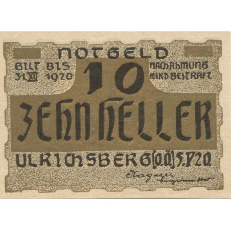 Banknote, Austria, Ulrichsberg, 10 Heller, village, 1920 UNC(63) Mehl:FS 1091a