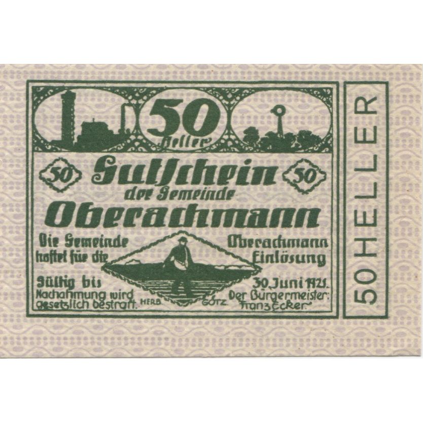 Banknote, Austria, Oberachmann, 50 Heller, Usine, 1921 UNC(63) Mehl:FS 680a