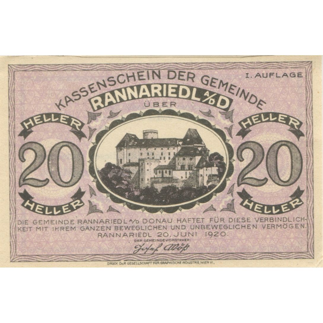 Banknote, Austria, Rannariedl, 20 Heller, village, 1920 UNC(63) Mehl:FS 818a