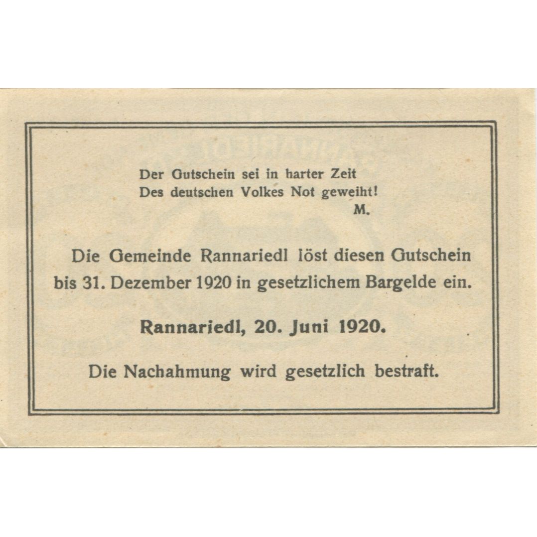 Banknote, Austria, Rannariedl, 20 Heller, village, 1920 UNC(63) Mehl:FS 818a