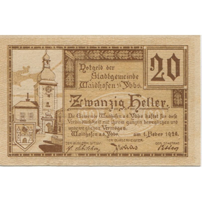 Banknote, Austria, Waidhofen, 20 Heller, Eglise, 1920 UNC(63) Mehl:FS 1127Ia