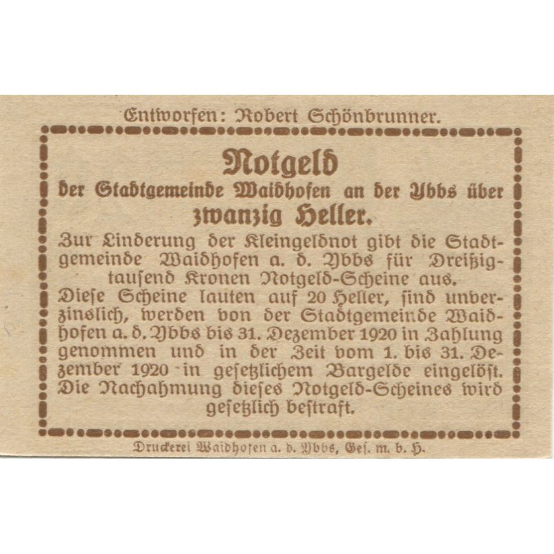 Banknote, Austria, Waidhofen, 20 Heller, Eglise, 1920 UNC(63) Mehl:FS 1127Ia
