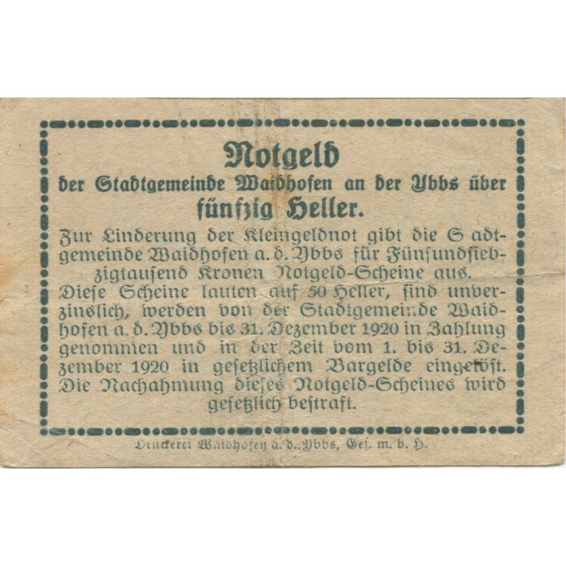 Banknote, Austria, Waidhofen, 50 Heller, Eglise, 1920 EF(40-45) Mehl:FS 1127Ia