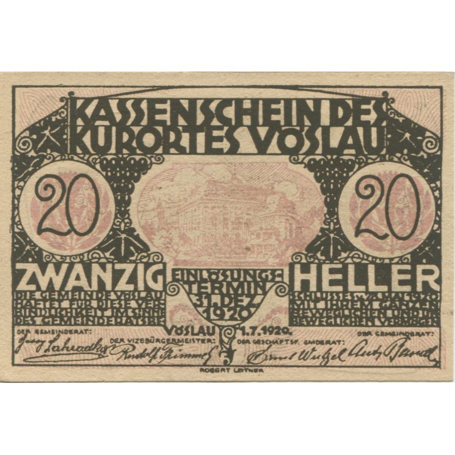 Banknote, Austria, Vöslau, 20 Heller, Blason, 1920, UNC(63) Mehl:FS 1121IIa