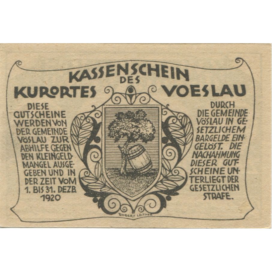 Banknote, Austria, Vöslau, 20 Heller, Blason, 1920, UNC(63) Mehl:FS 1121IIa