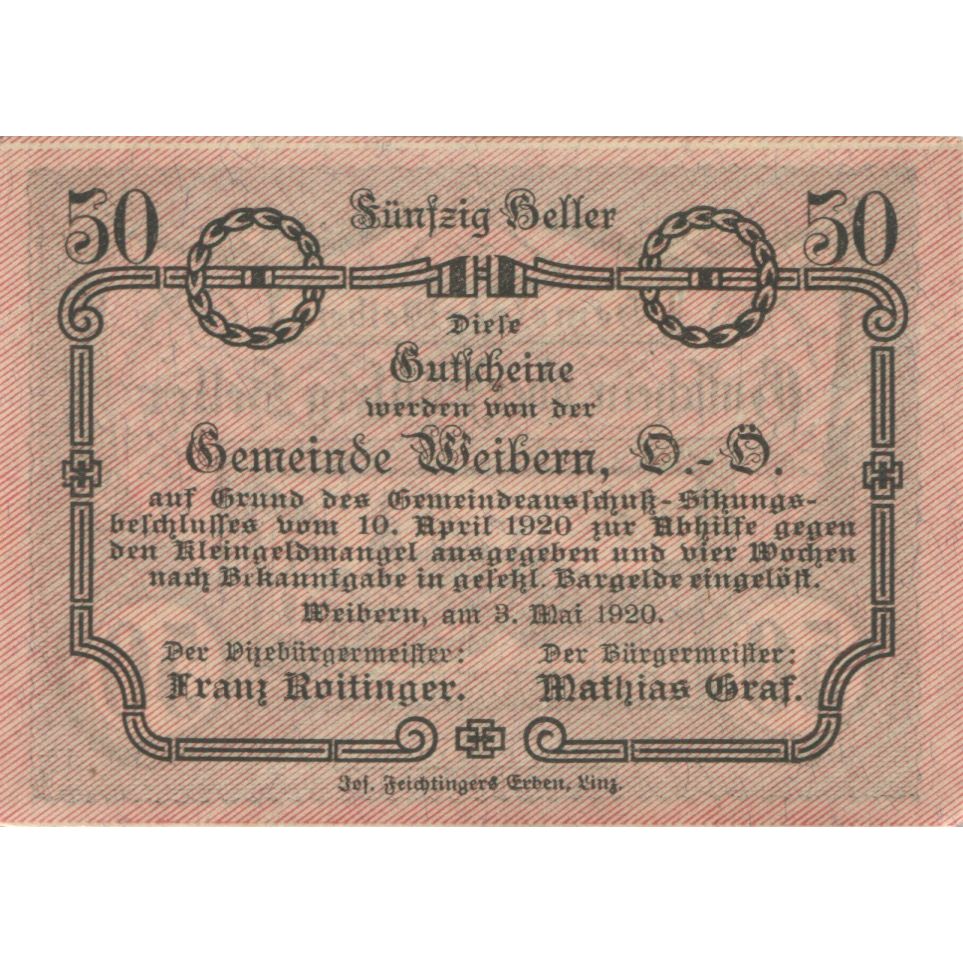 Banknote, Austria, Weibern, 50 Heller, rue, 1920, UNC(63), Mehl:FS 1146b