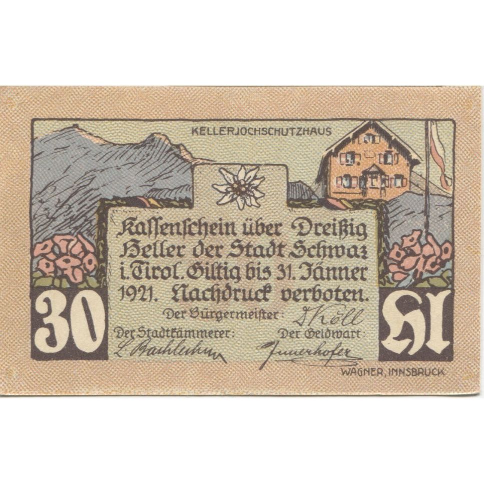 Banknote, Austria, Schwaz, 30 Heller, chalet 1920-12-31, UNC(63), Mehl:FS 983f