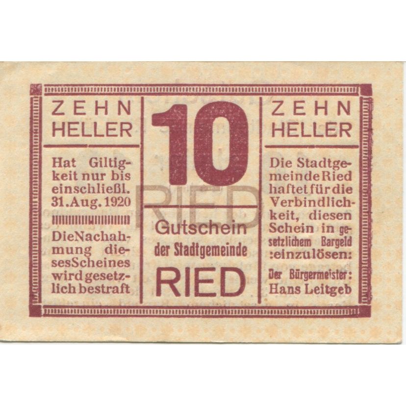Banknote, Austria, Ried, 10 Heller, Texte 1920-08-31, UNC(63), Mehl:FS 834I