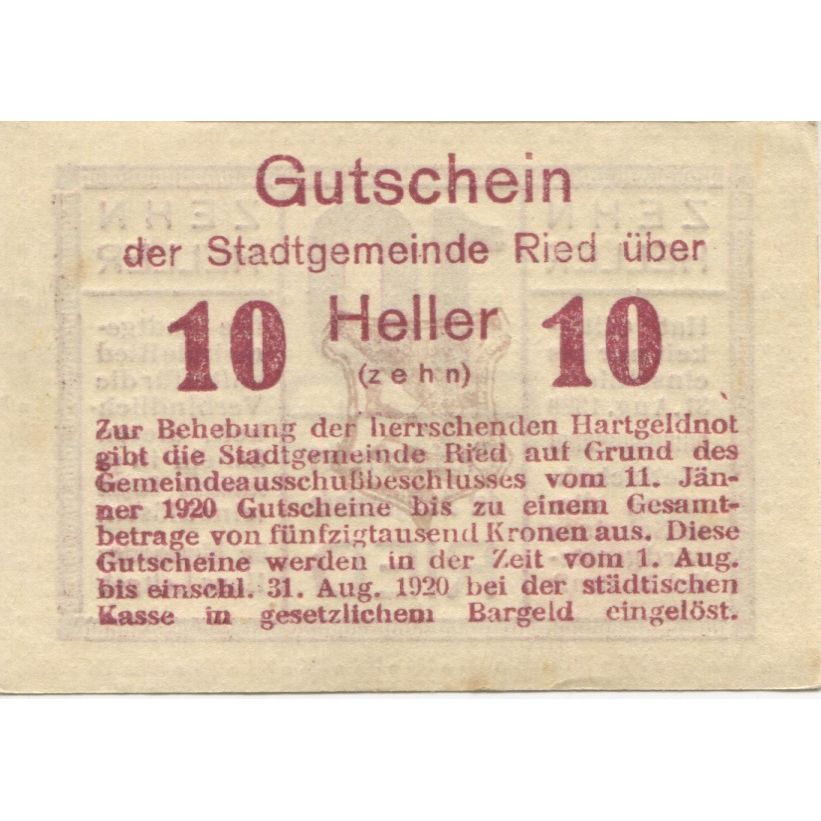 Banknote, Austria, Ried, 10 Heller, Texte 1920-08-31, UNC(63), Mehl:FS 834I