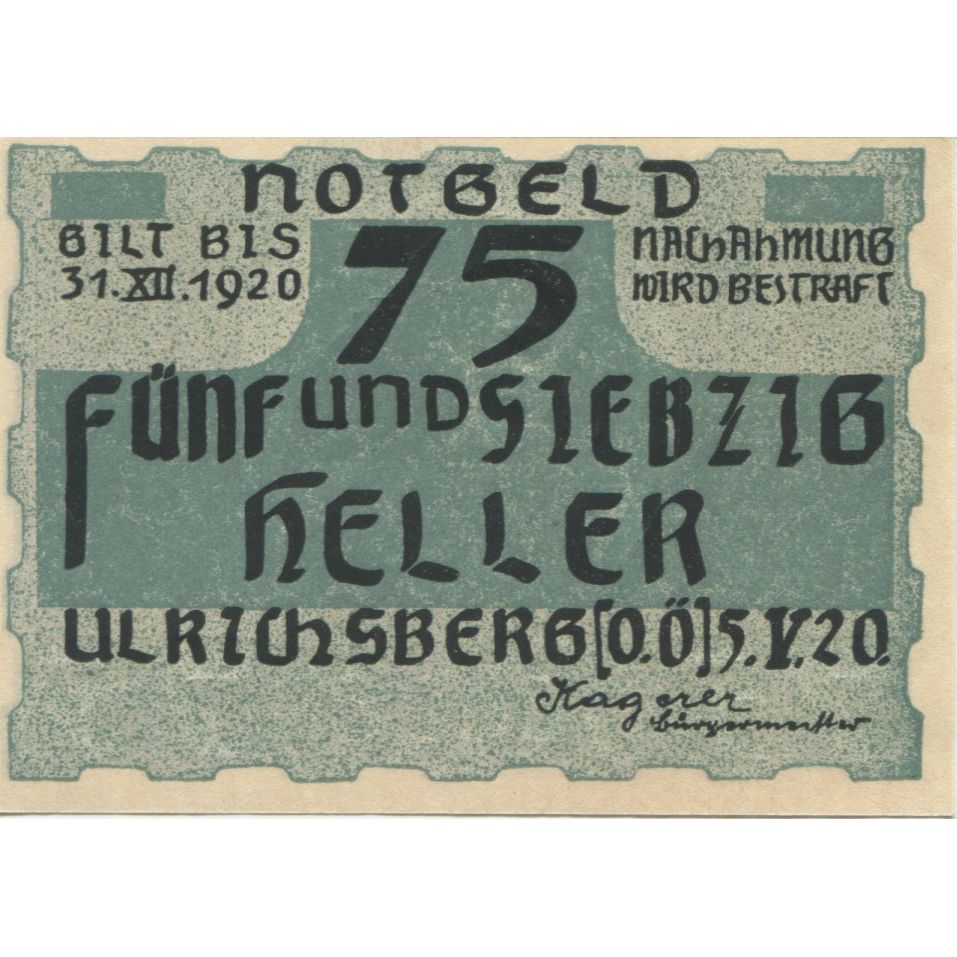 Banknote, Austria, Ulrichsberg, 75 Heller, portrait, 1920 UNC(63) Mehl:FS 1091a