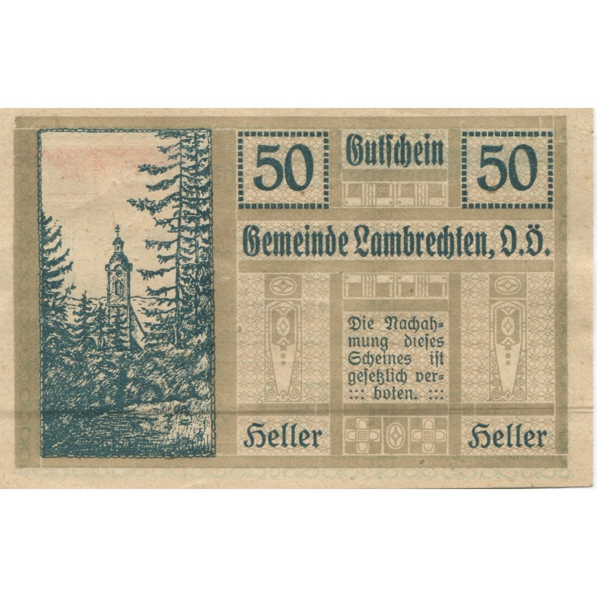 Banknote, Austria, Lambrechten, 50 Heller, sapin, 1920 AU(55-58) Mehl:FS 497a