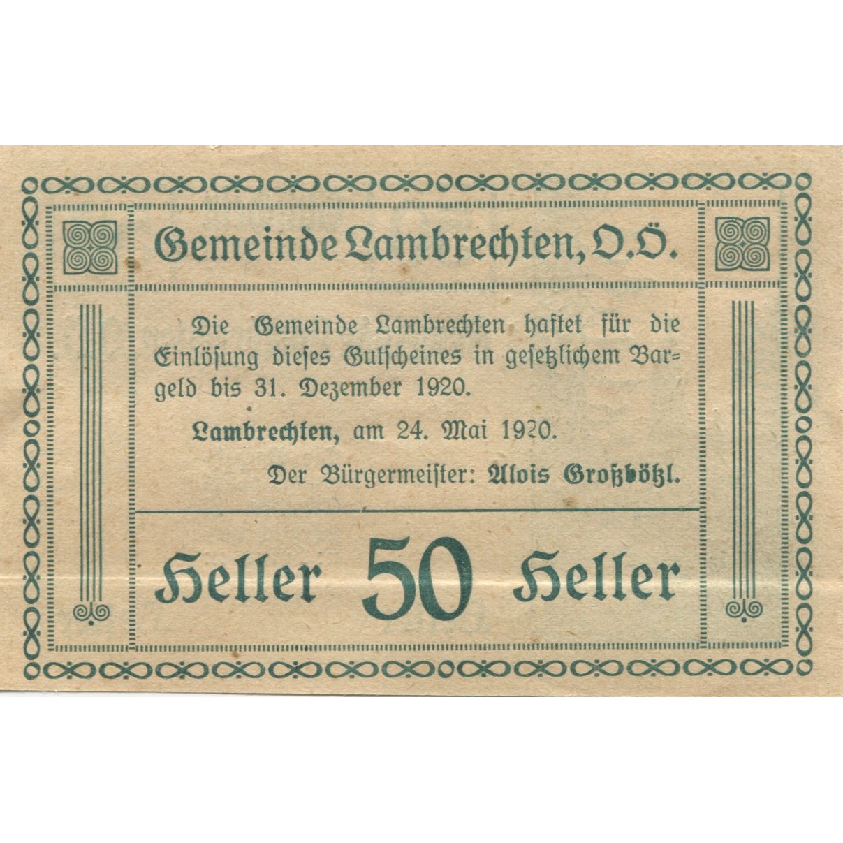 Banknote, Austria, Lambrechten, 50 Heller, sapin, 1920 AU(55-58) Mehl:FS 497a