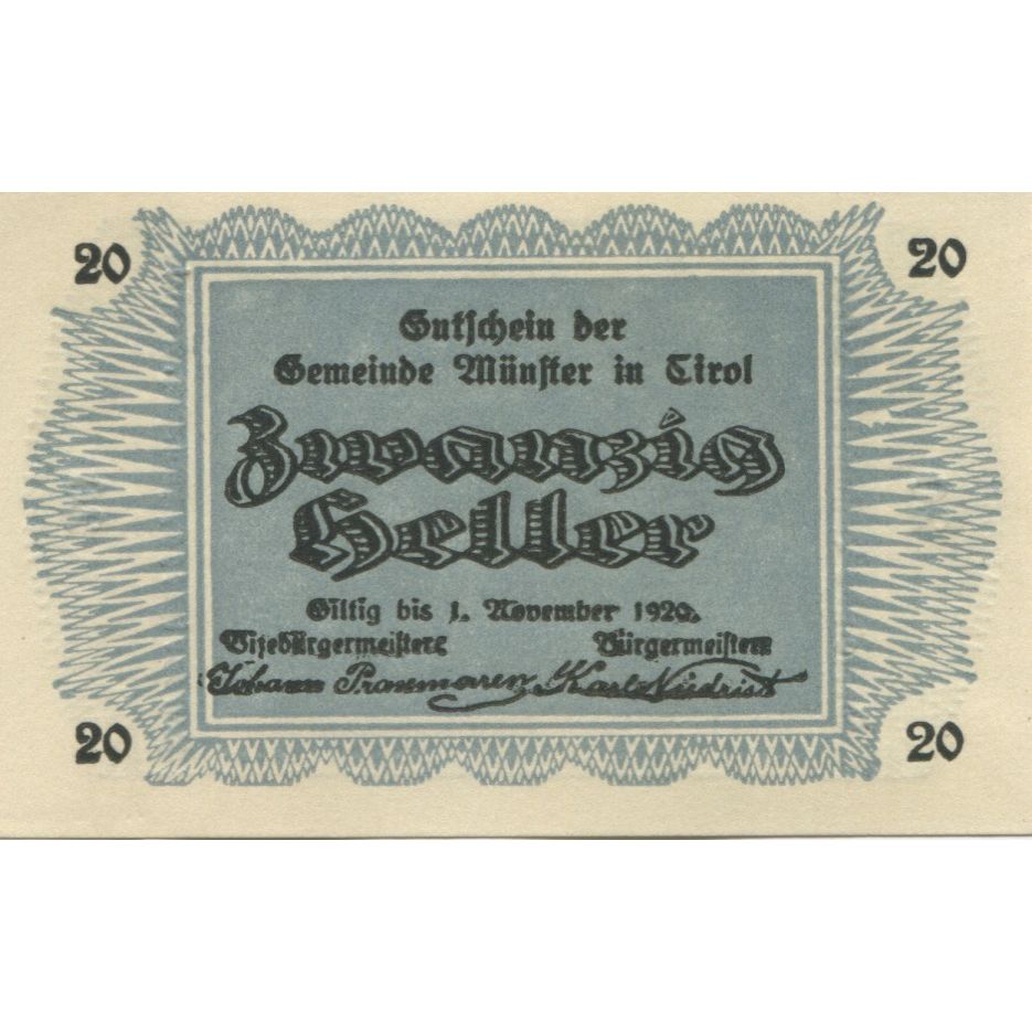 Banknote, Austria, Munster, 20 Heller, montagne, 1920 UNC(63) Mehl:FS 635a