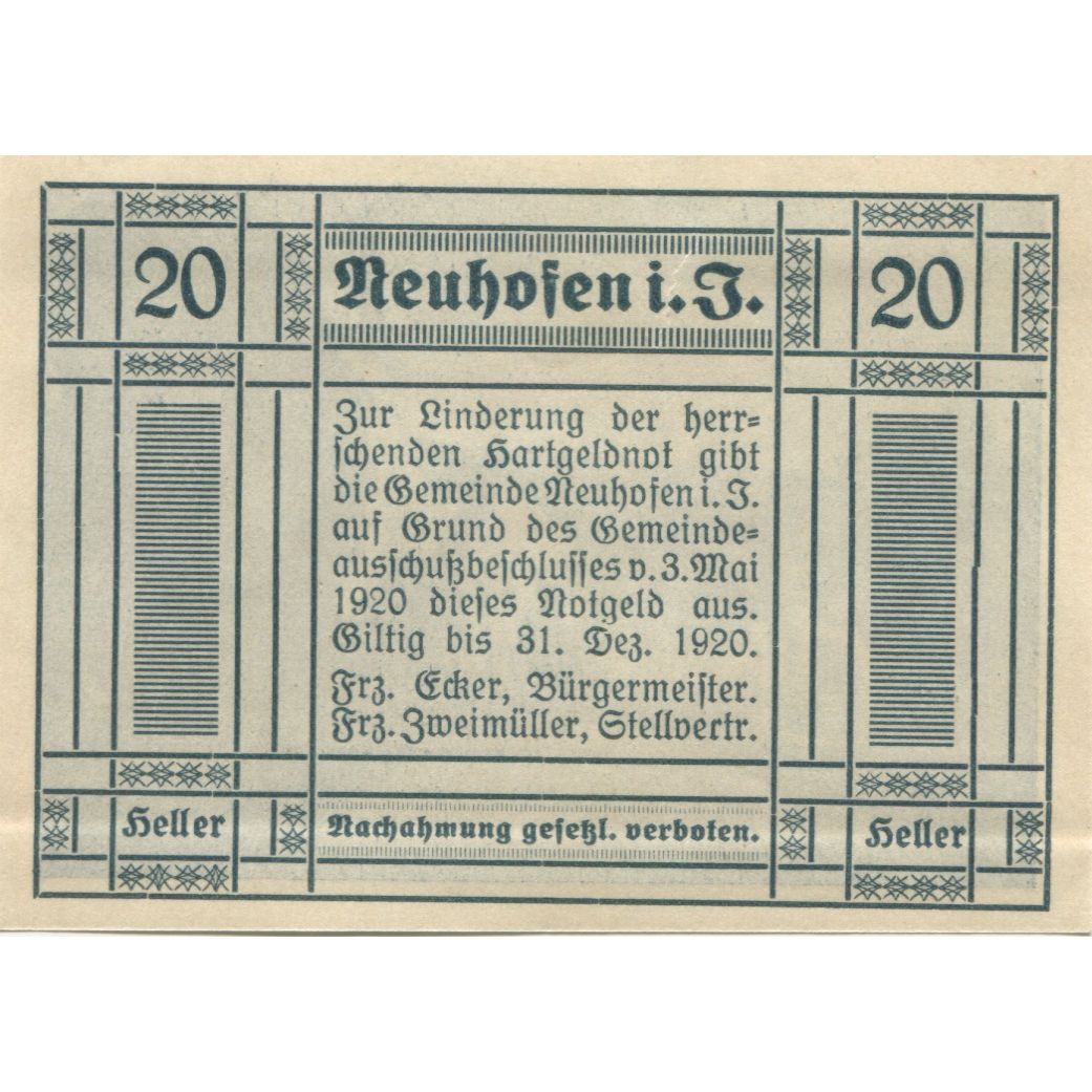 Banknote, Austria, Neuhofen, 20 Heller, Eglise, 1920 UNC(63) Mehl:FS 652IIa