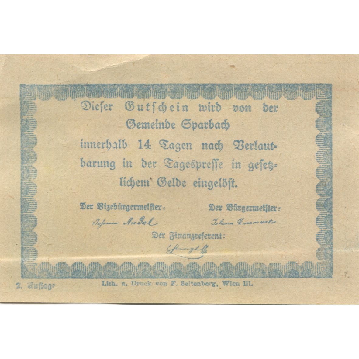 Banknote, Austria, Sparbach, 50 Heller, village, 1920, AU(55-58), Mehl:FS 1006a