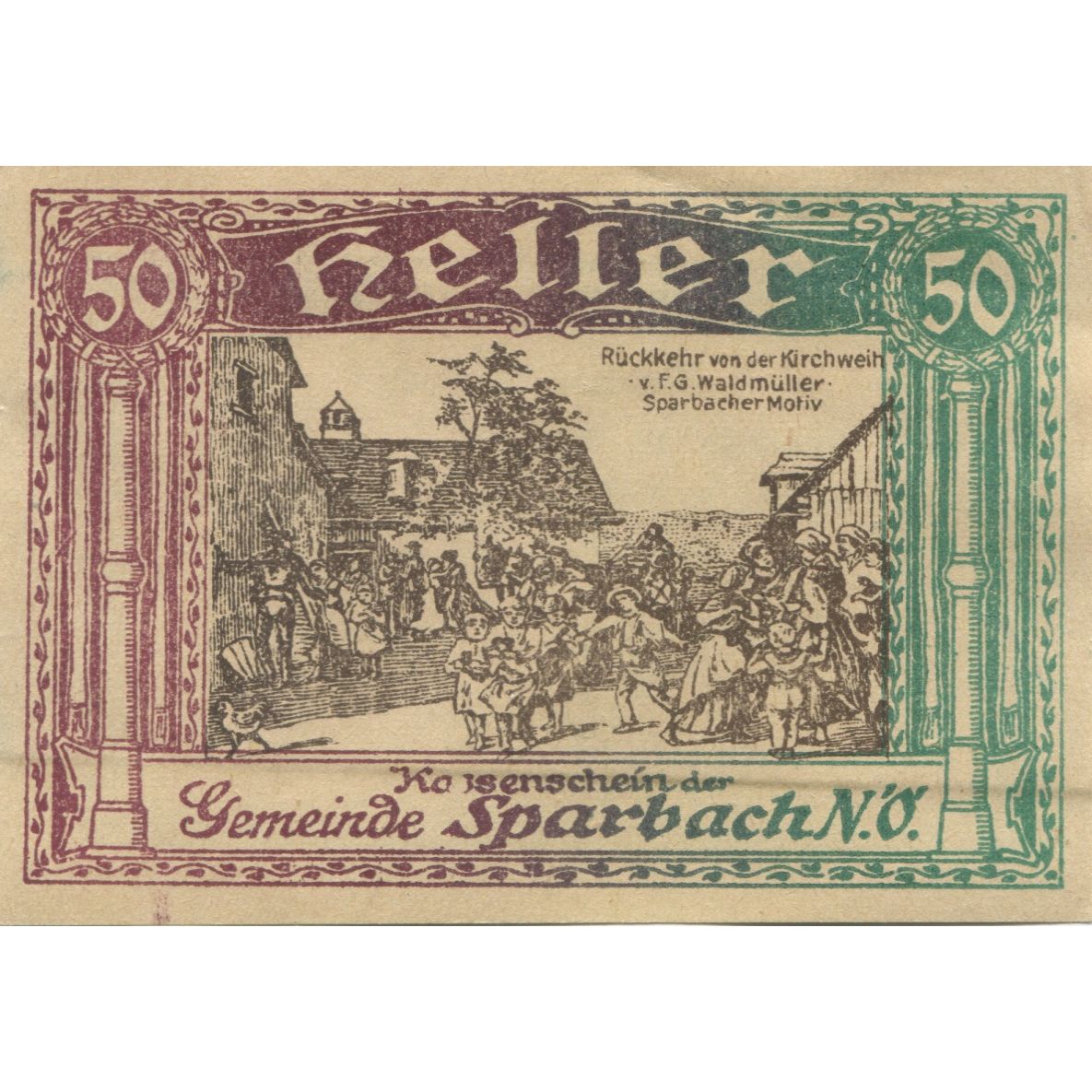 Banknote, Austria, Sparbach, 50 Heller, village, 1920, AU(55-58), Mehl:FS 1006a