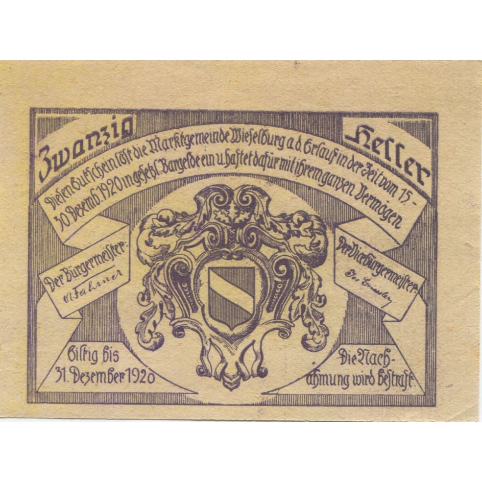 Banknote, Austria, Wieselburg, 20 Heller, Blason, 1920 UNC(63) Mehl:FS 1231b