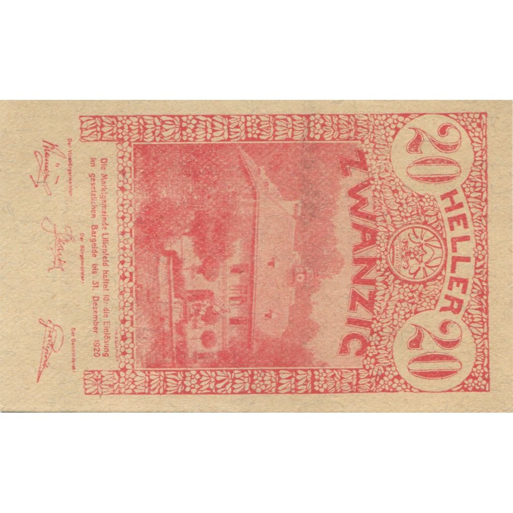 Banknote, Austria, Lilienfeld, 20 Heller, manoir, 1920 UNC(63) Mehl:FS 523Ia
