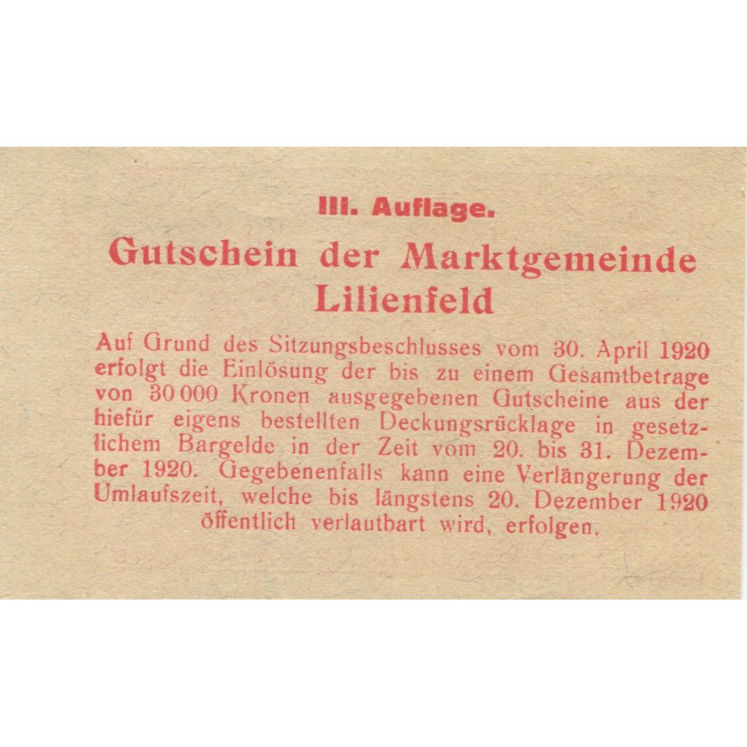 Banknote, Austria, Lilienfeld, 20 Heller, manoir, 1920 UNC(63) Mehl:FS 523Ia