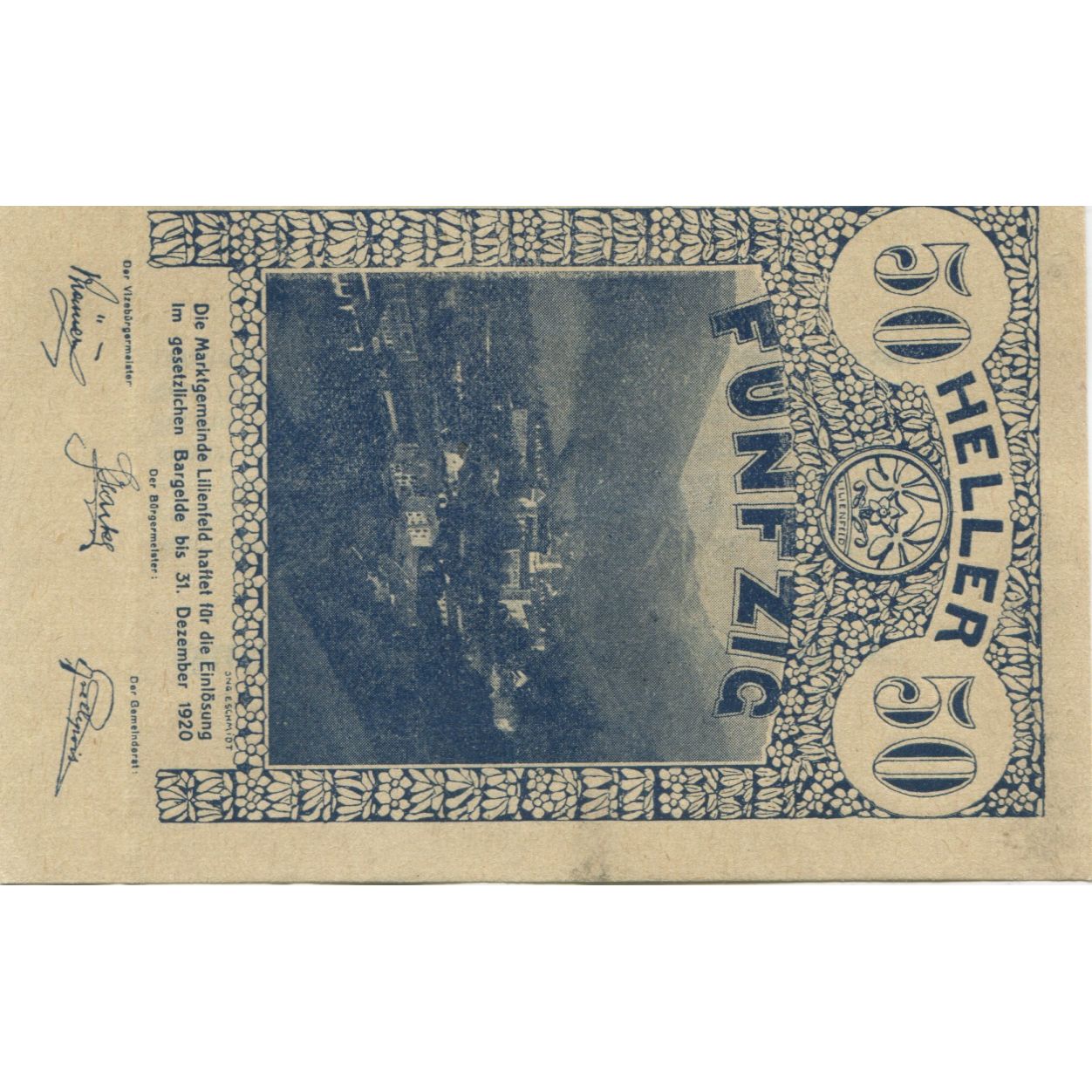 Banknote, Austria, Lilienfeld, 50 Heller, paysage, 1920 UNC(63) Mehl:FS 523Ia