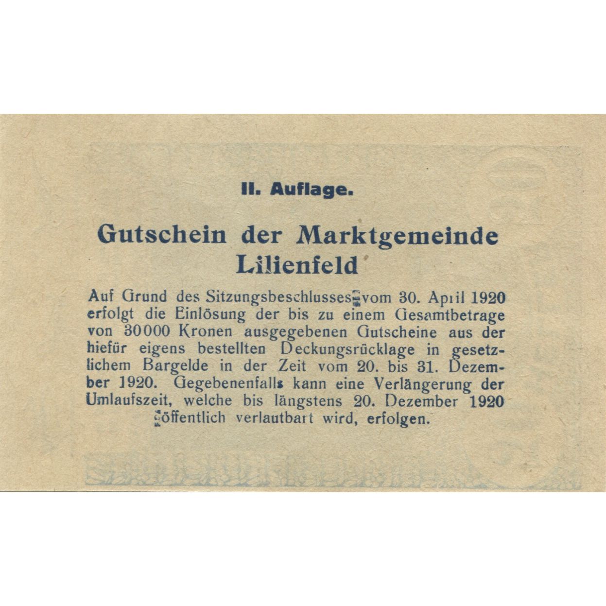 Banknote, Austria, Lilienfeld, 50 Heller, paysage, 1920 UNC(63) Mehl:FS 523Ia