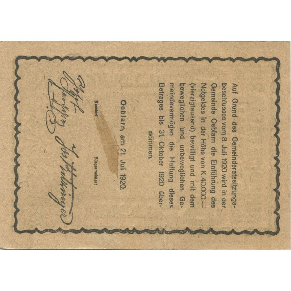 Banknote, Austria, Oeblarn, 60 Heller, montagne, 1920 UNC(63) Mehl:FS 700IIa