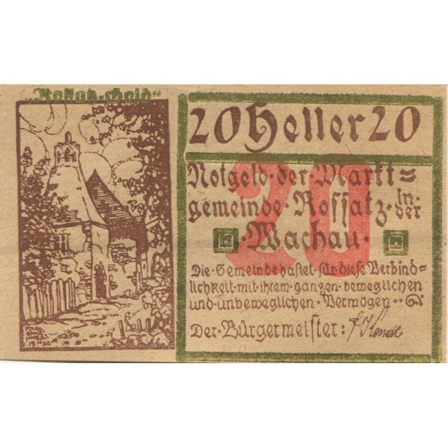 Banknote, Austria, Koffatz I/d Wachau, 20 Heller, rue, 1920 UNC(63) Mehl:FS 848a