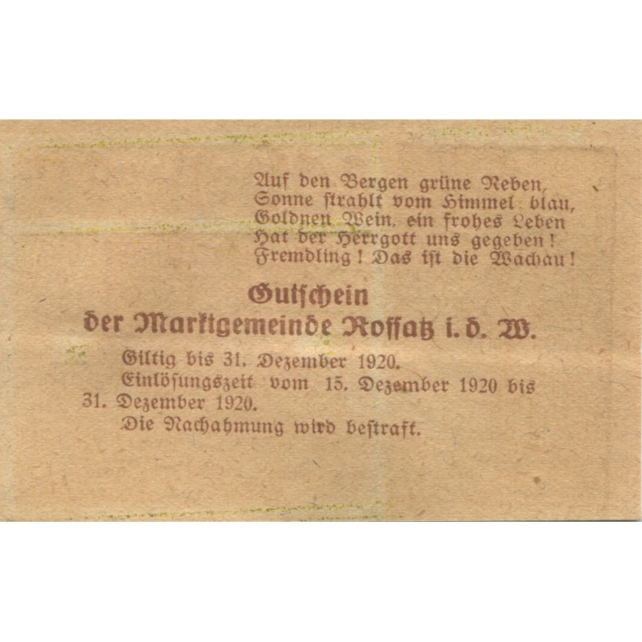 Banknote, Austria, Koffatz I/d Wachau, 20 Heller, rue, 1920 UNC(63) Mehl:FS 848a